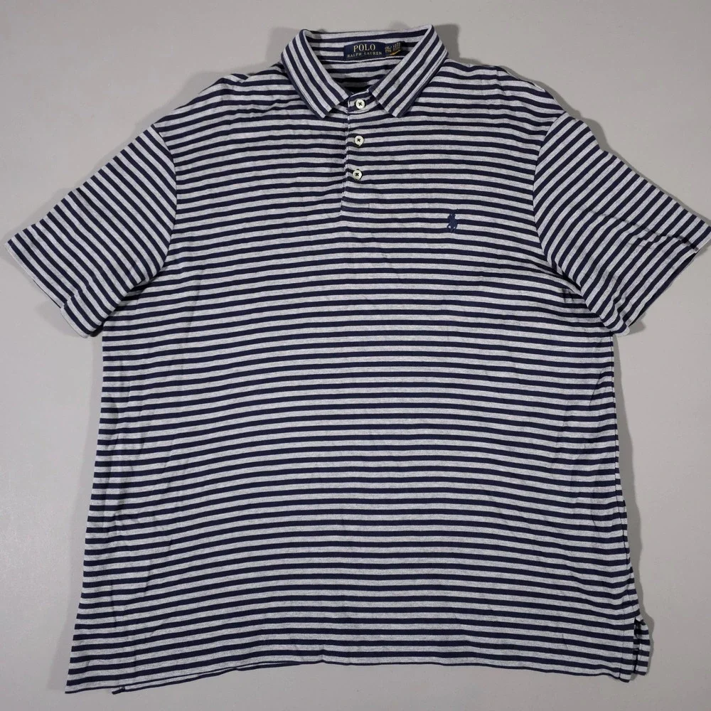 Polo Ralph Lauren Polo Shirt Mens XXL Blue Grey Striped Short Sleeve Pony Logo